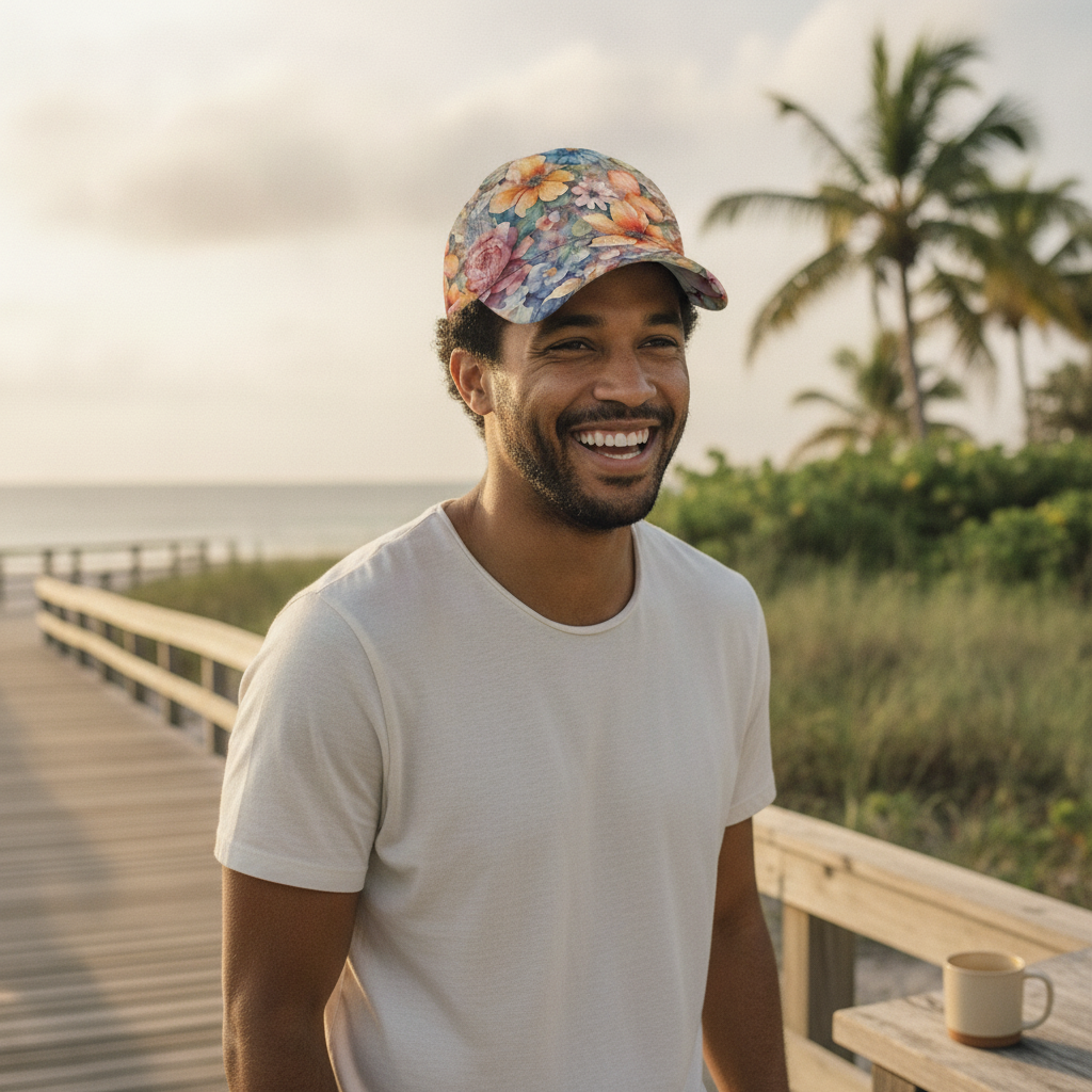 A diverse man wears the AQUAREN Watercolor Floral Baseball Cap outdoors on a sunny day, showcasing its watercolor floral patt