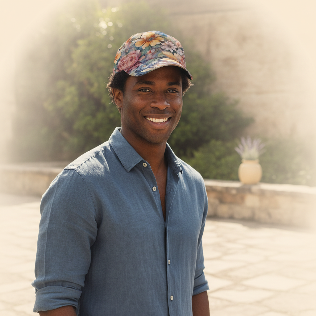A diverse model wears the AQUAREN Watercolor Floral Baseball Cap, featuring a vibrant watercolor floral pattern, outdoors in 