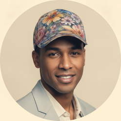 Circular portrait of Markus Vance, a man with short hair and a friendly smile, wearing a watercolor floral baseball cap, agai