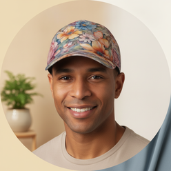 Circular portrait of Julian Saint wearing the AQUAREN Watercolor Floral Baseball Cap, smiling warmly against a clean, softly 