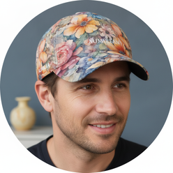 Circular portrait of Bastian Meyer, a man smiling and wearing the AQUAREN Watercolor Floral Baseball Cap with a watercolor fl