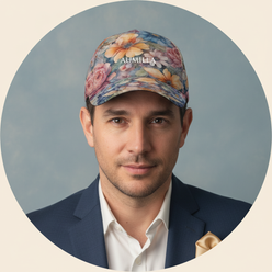 Circular portrait of a man, Luca Moretti, wearing the AQUAREN Watercolor Floral Baseball Cap with a watercolor floral pattern
