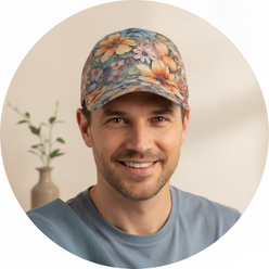 A circular portrait of Henrik Berg, a masculine person, smiling and wearing the AQUAREN Watercolor Floral Baseball Cap with a