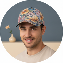 Circular portrait of influencer Matteo Rossi smiling, wearing the AQUAREN Watercolor Floral Baseball Cap with a vibrant flora