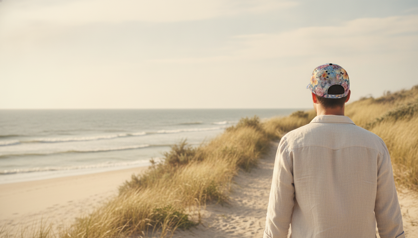 Person wearing AQUAREN Watercolor Floral Baseball Cap, walking on a coastal path under natural sunlight.