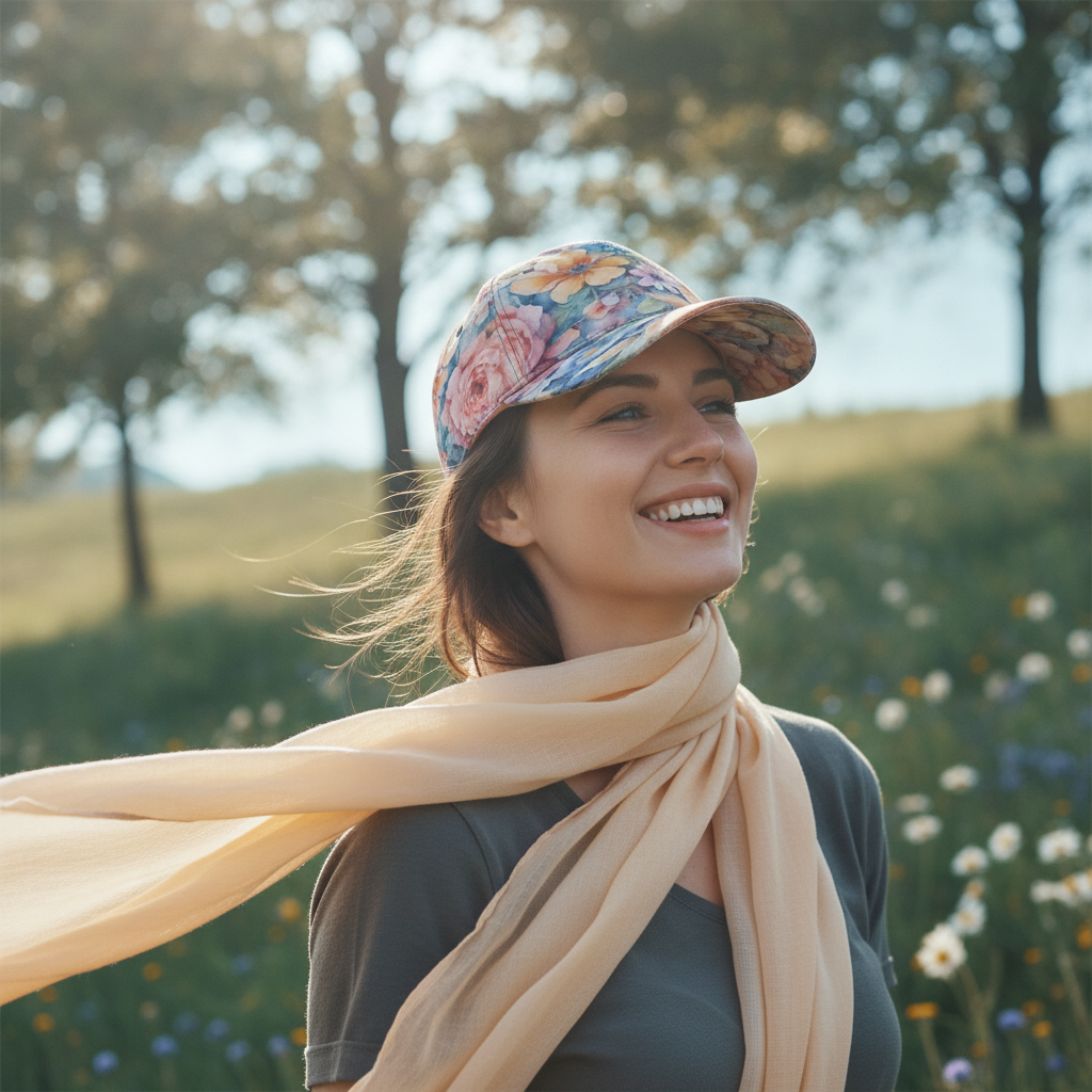 A person wears the AQUAREN Watercolor Floral Baseball Cap, which has a vibrant watercolor floral pattern, in a bright outdoor