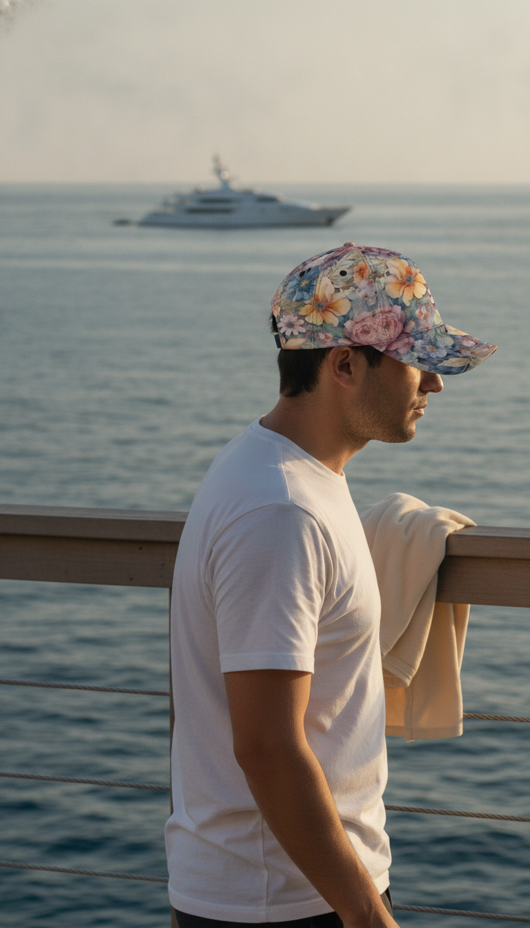 Man wearing a watercolor floral baseball cap, centered in a bright outdoor setting with a soft, out-of-focus background below