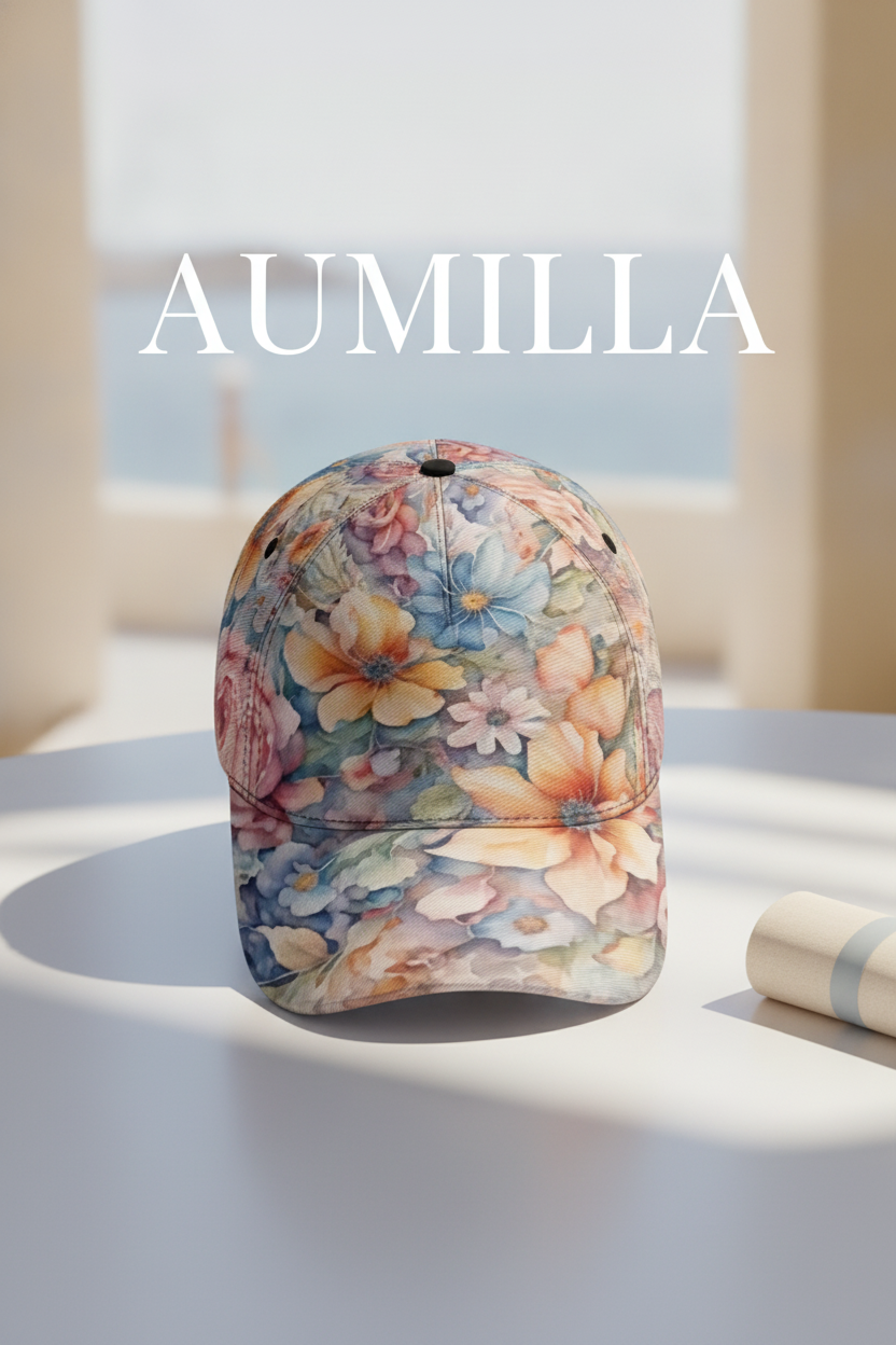 AQUAREN Watercolor Floral Baseball Cap on a light surface, with a subtle slate blue tint, against a blurred coastal backgroun
