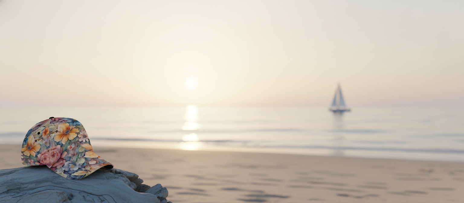 A serene coastal landscape at sunrise with a watercolor floral baseball cap on driftwood, and a blurred sailboat in the dista