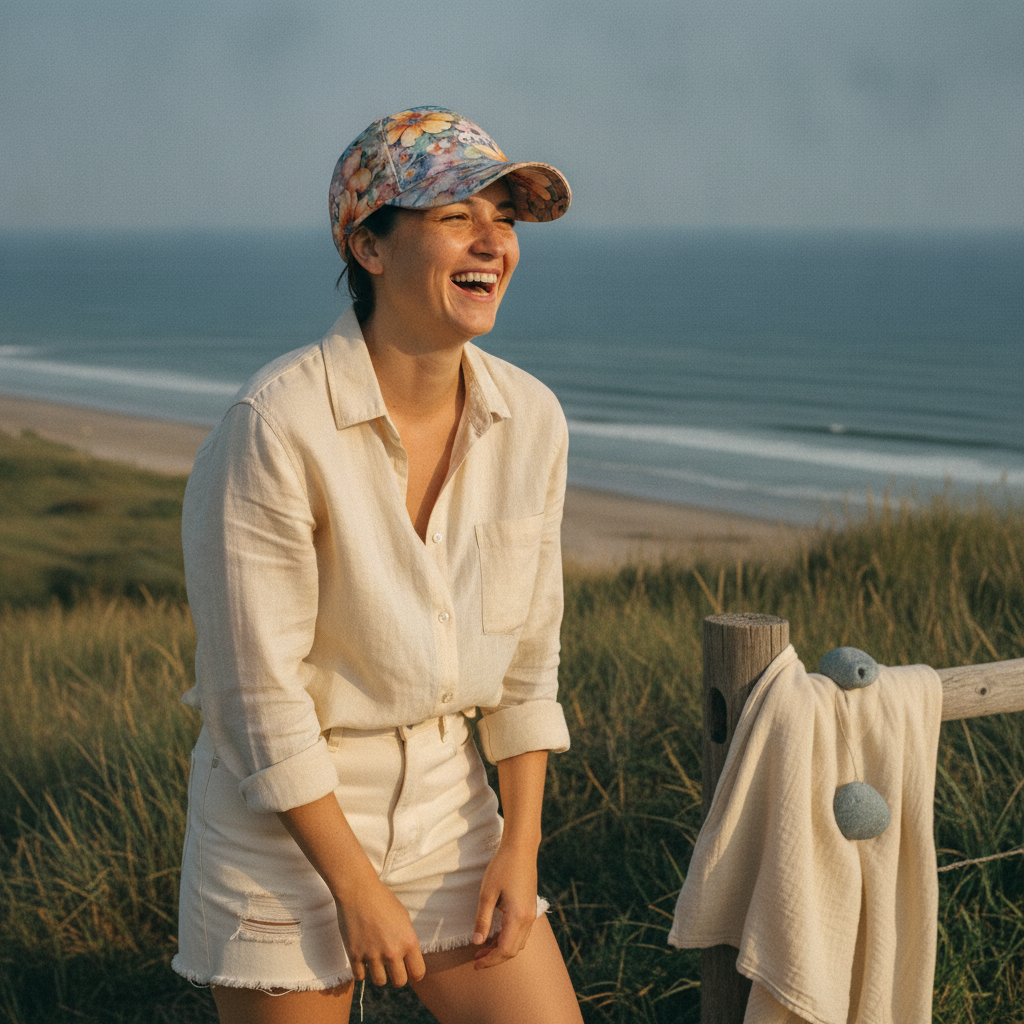 A person wearing an AQUAREN Watercolor Floral Baseball Cap, captured candidly in a natural, sunlit outdoor setting.