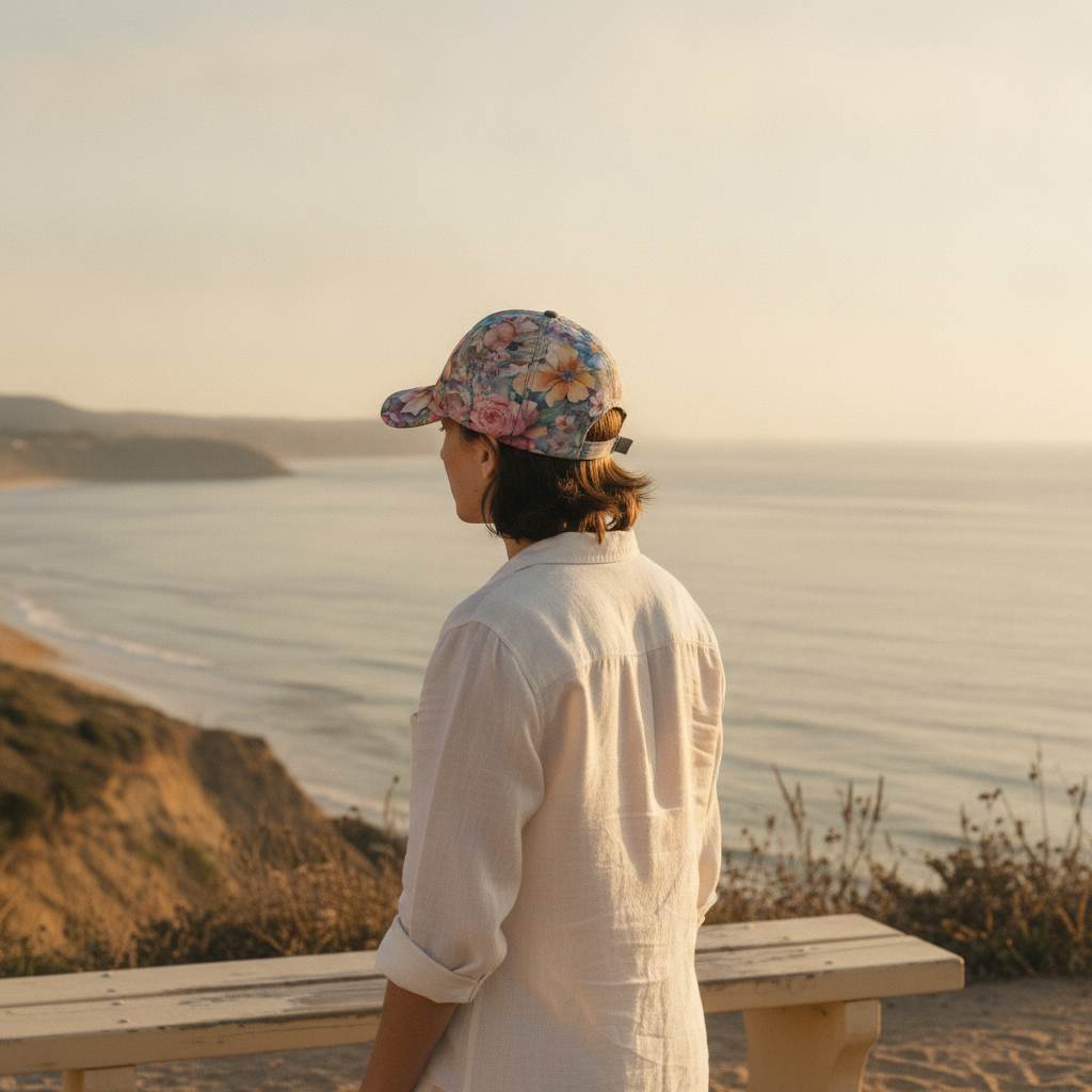 Person from behind wearing a watercolor floral baseball cap, looking at a sun-drenched coastal landscape with a calm ocean.