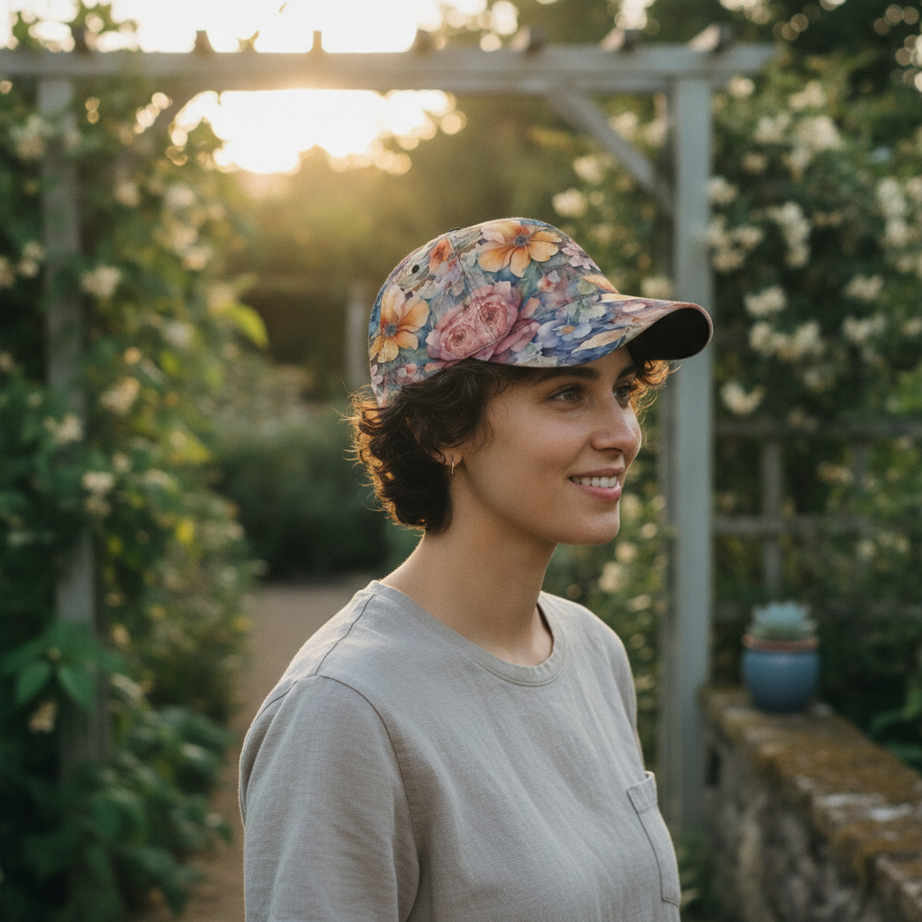 A person wearing a white baseball cap with a watercolor floral design, outdoors in soft sunlight.
