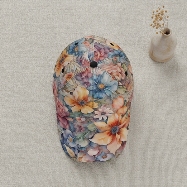 Overhead close-up of the AQUAREN Watercolor Floral Baseball Cap, showing its unique hand-selected watercolor floral pattern i