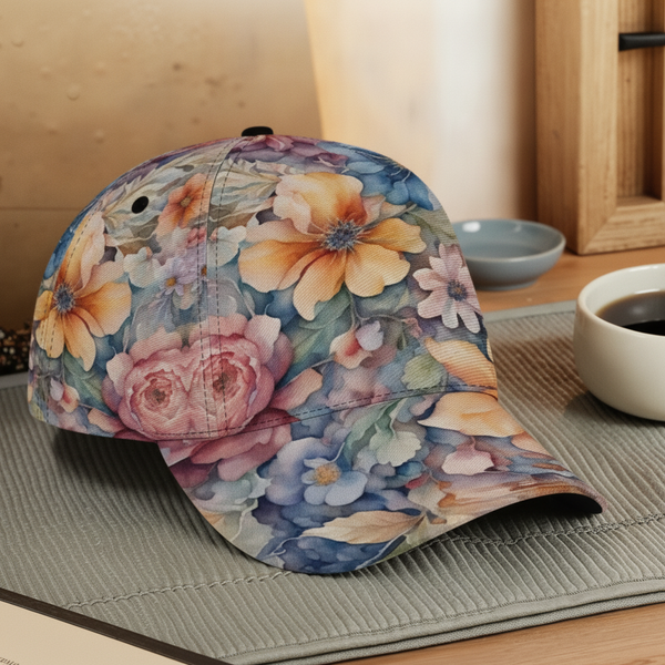 Close-up of the AQUAREN Watercolor Floral Baseball Cap's curved brim, resting on a cream linen shirt.