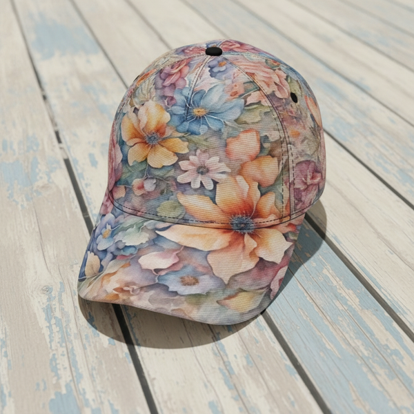 Close-up of the AQUAREN Watercolor Floral Baseball Cap, made of structured cotton canvas, resting on a weathered wooden dock.