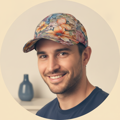 A circular portrait of a smiling man, Alessandro Conti, wearing the AQUAREN Watercolor Floral Baseball Cap with a vibrant flo